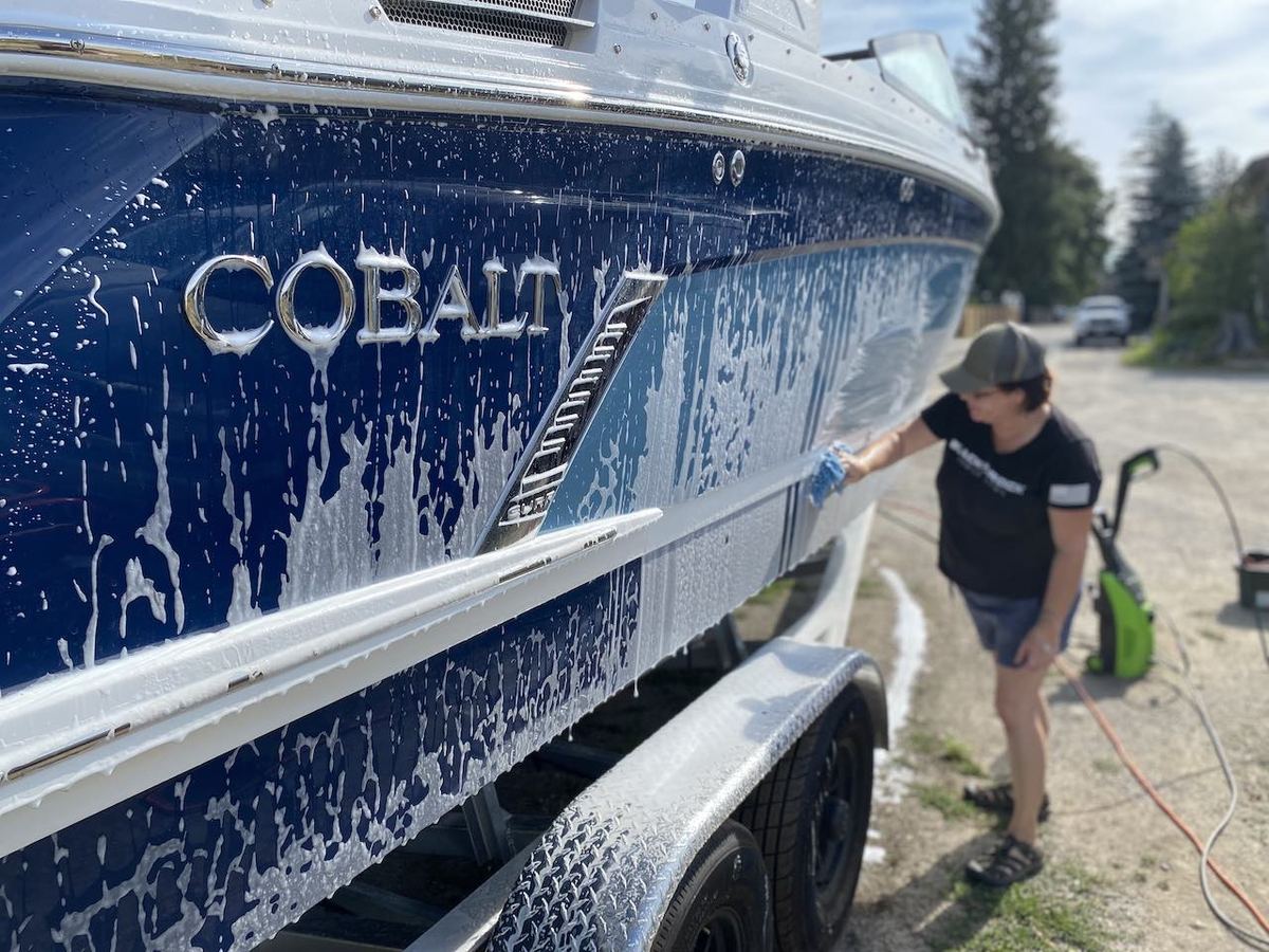 Boat hull wash and wax by Black Rock Mobile Detailing in Sandpoint, Idaho